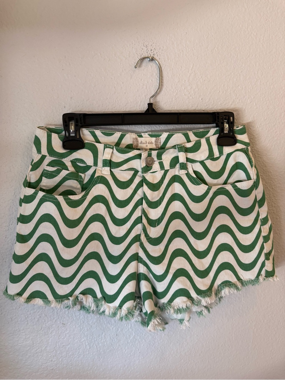 Altar'd State Green Wave Print Denim Shorts